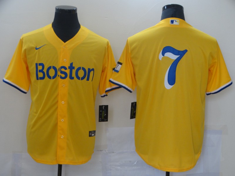 Men Boston Red Sox #7 No name Yellow Game 2021 Nike MLB Jerseys